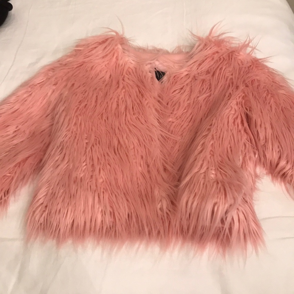 Pink faux fur coat